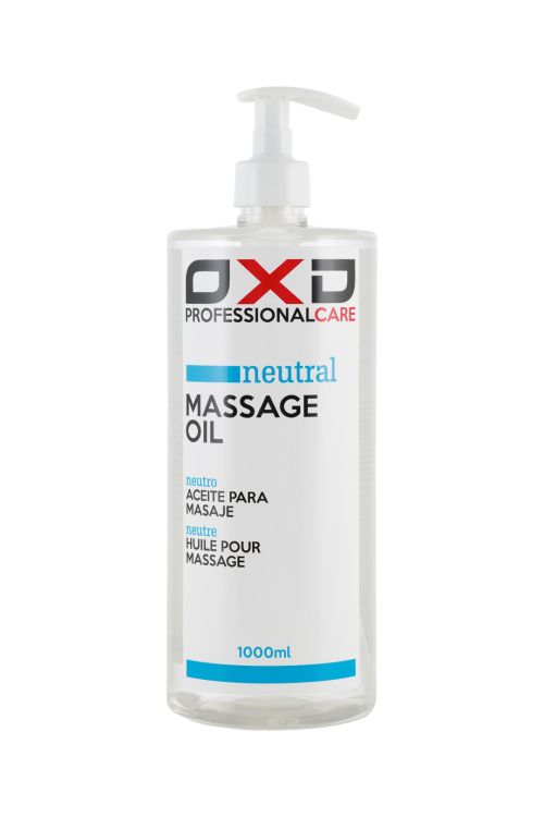 Botella de aceite para masaje neutro OXD 1000 ml con etiqueta azul sobre fondo blanco. 