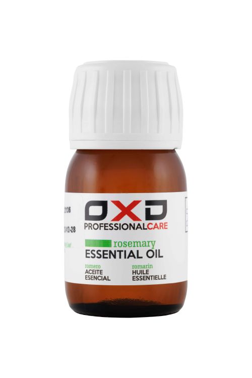 Frasco pequeño de aceite esencial de romero OXD 30 ml con etiqueta verde y cuentagotas. 