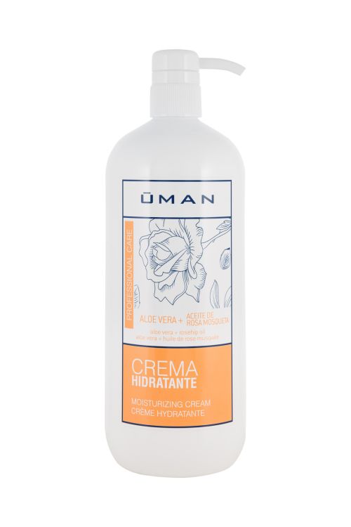 Envase blanco de crema hidratante Uman con aloe vera y rosa mosqueta. 