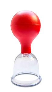 Ventosa de pera de goma azul para masaje de 4.8 cm con tubo corto, sobre fondo blanco.
