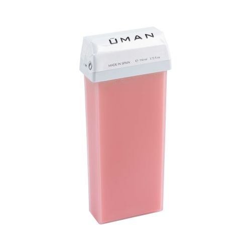 Cera depilatoria tibia rosa en formato roll-on para pieles sensibles sobre fondo claro. 