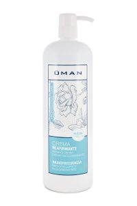Bote de crema reafirmante Uman para radiofrecuencia profesional colocado sobre superficie blanca.
