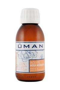 Frasco de aceite de rosa mosqueta  con etiqueta blanca.

