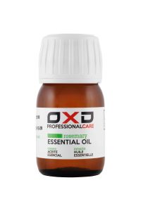 Frasco pequeño de aceite esencial de romero OXD 30 ml con etiqueta verde y cuentagotas.
