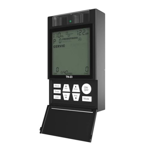 Perpectiva lateral derecho de electroestimulador TN23 portátil con pantalla LCD.
