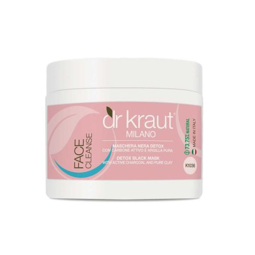 Tarro de mascarilla detoxificante Dr Kraut con carbón activo y arcilla pura, sobre fondo blanco.
