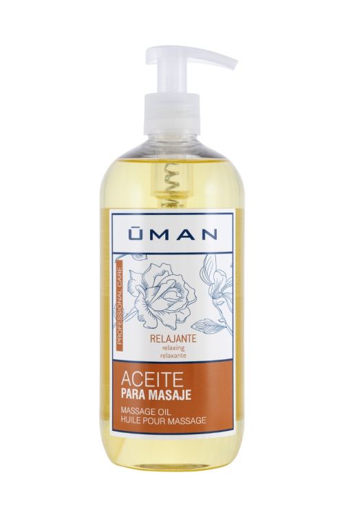 Botella de aceite para masaje relajante Uman 500 ml con etiqueta blanca y tonos suaves.
